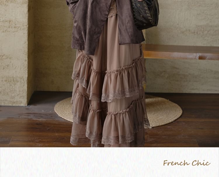 Collared Plain Faux Suede Trench Coat / Mock Two-Piece Long-Sleeve Halter Neck Floral Print Asymmetrical Ruffle Trim Top / High Waist Lace Trim Maxi A-Line Skirt / Set