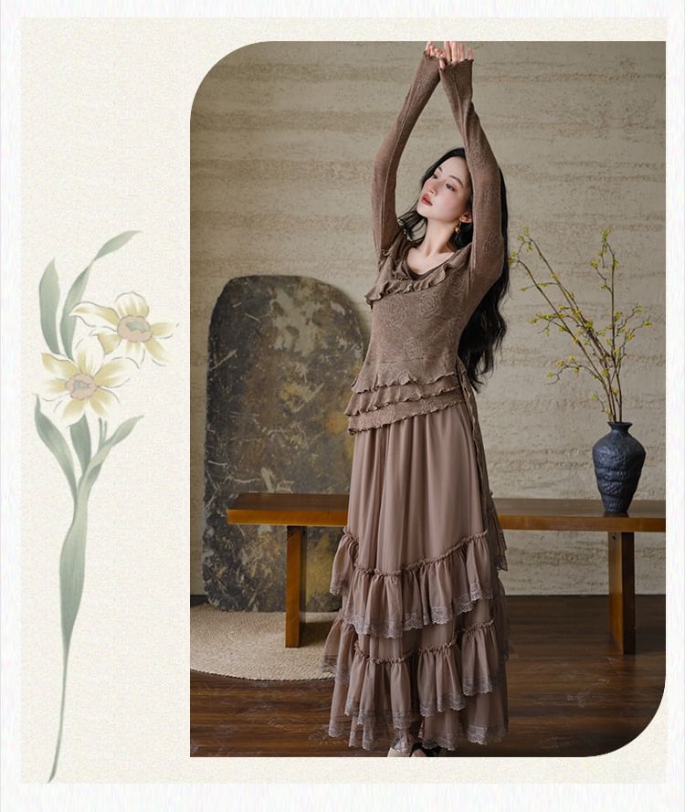 Collared Plain Faux Suede Trench Coat / Mock Two-Piece Long-Sleeve Halter Neck Floral Print Asymmetrical Ruffle Trim Top / High Waist Lace Trim Maxi A-Line Skirt / Set