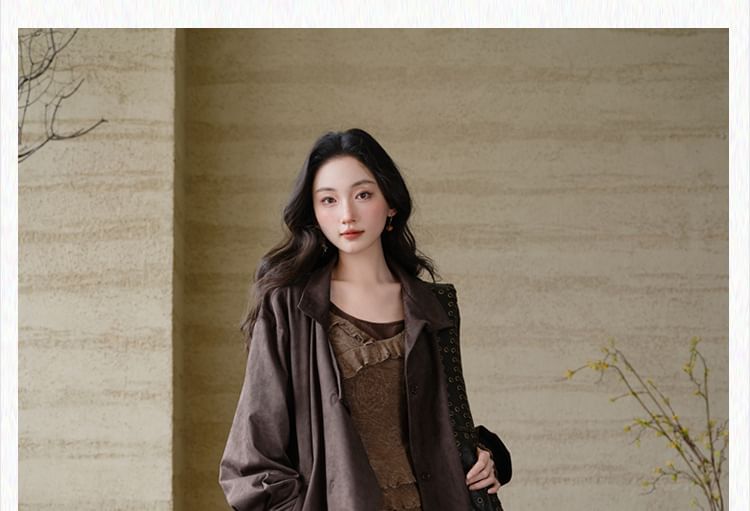 Collared Plain Faux Suede Trench Coat / Mock Two-Piece Long-Sleeve Halter Neck Floral Print Asymmetrical Ruffle Trim Top / High Waist Lace Trim Maxi A-Line Skirt / Set