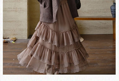 Collared Plain Faux Suede Trench Coat / Mock Two-Piece Long-Sleeve Halter Neck Floral Print Asymmetrical Ruffle Trim Top / High Waist Lace Trim Maxi A-Line Skirt / Set