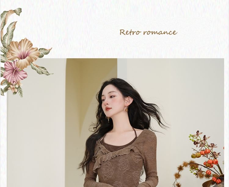 Collared Plain Faux Suede Trench Coat / Mock Two-Piece Long-Sleeve Halter Neck Floral Print Asymmetrical Ruffle Trim Top / High Waist Lace Trim Maxi A-Line Skirt / Set