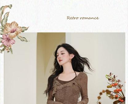 Collared Plain Faux Suede Trench Coat / Mock Two-Piece Long-Sleeve Halter Neck Floral Print Asymmetrical Ruffle Trim Top / High Waist Lace Trim Maxi A-Line Skirt / Set