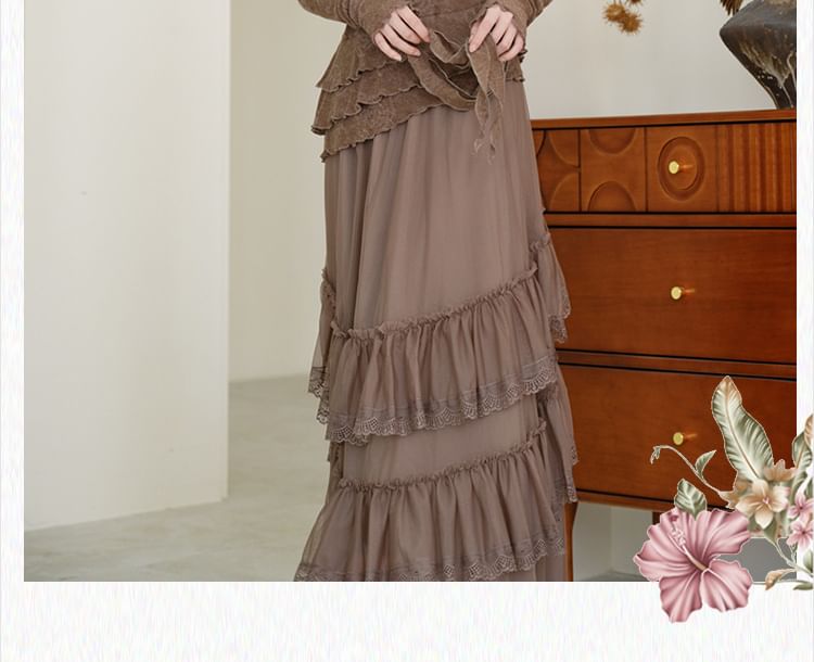 Collared Plain Faux Suede Trench Coat / Mock Two-Piece Long-Sleeve Halter Neck Floral Print Asymmetrical Ruffle Trim Top / High Waist Lace Trim Maxi A-Line Skirt / Set