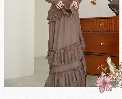 Collared Plain Faux Suede Trench Coat / Mock Two-Piece Long-Sleeve Halter Neck Floral Print Asymmetrical Ruffle Trim Top / High Waist Lace Trim Maxi A-Line Skirt / Set