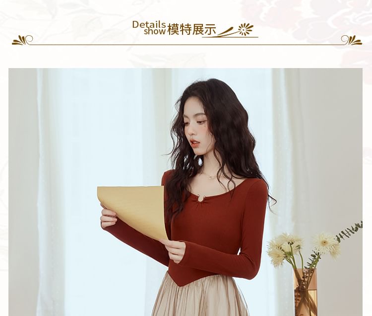 Long-Sleeve Scoop Neck Two Tone Sheer Panel Midi A-Line Dress