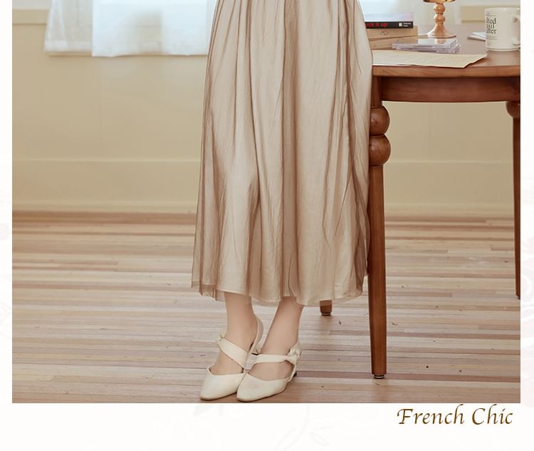 Long-Sleeve Scoop Neck Two Tone Sheer Panel Midi A-Line Dress
