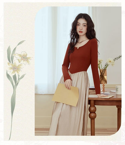 Long-Sleeve Scoop Neck Two Tone Sheer Panel Midi A-Line Dress