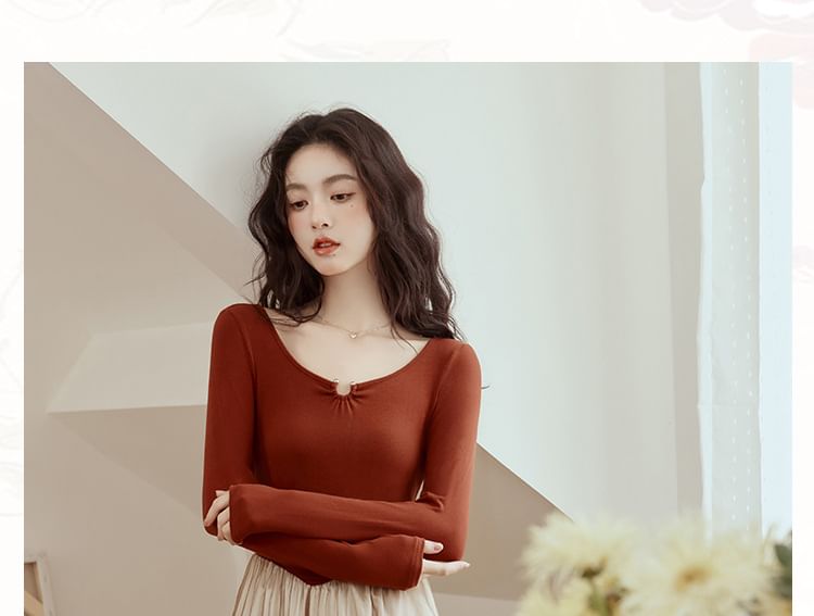 Long-Sleeve Scoop Neck Two Tone Sheer Panel Midi A-Line Dress