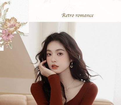 Long-Sleeve Scoop Neck Two Tone Sheer Panel Midi A-Line Dress