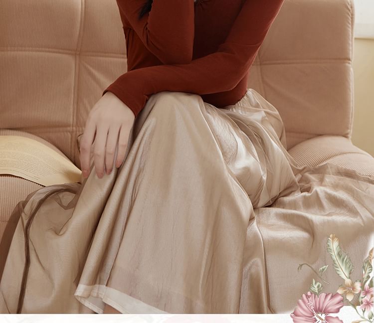 Long-Sleeve Scoop Neck Two Tone Sheer Panel Midi A-Line Dress