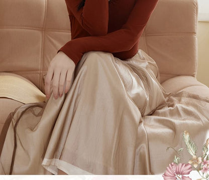 Long-Sleeve Scoop Neck Two Tone Sheer Panel Midi A-Line Dress