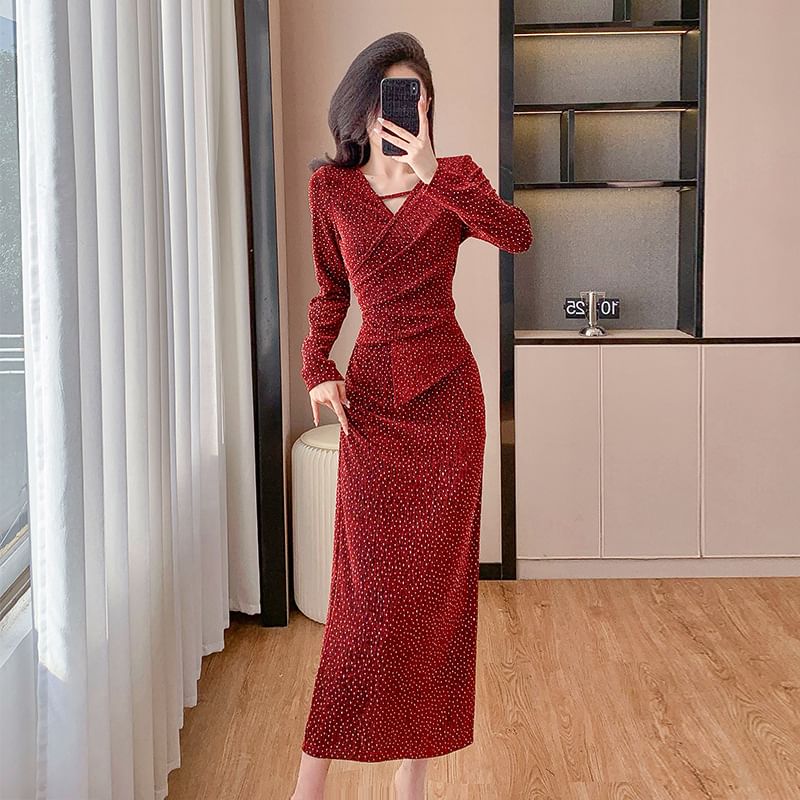 Long Sleeve V-Neck Velvet Rhinestone Panel Fitted Wrap Gown