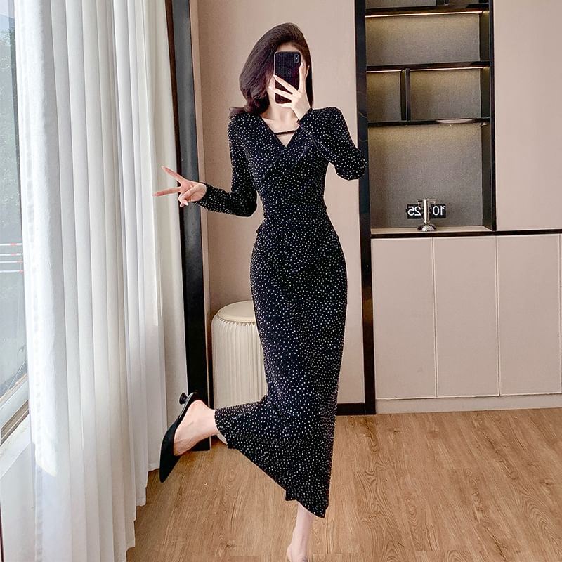 Long Sleeve V-Neck Velvet Rhinestone Panel Fitted Wrap Gown