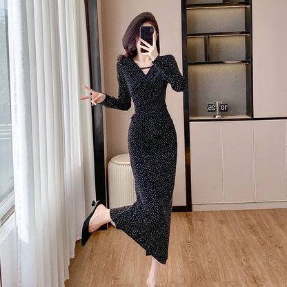 Long Sleeve V-Neck Velvet Rhinestone Panel Fitted Wrap Gown