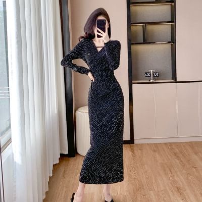 Long Sleeve V-Neck Velvet Rhinestone Panel Fitted Wrap Gown