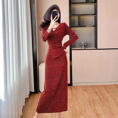 Long Sleeve V-Neck Velvet Rhinestone Panel Fitted Wrap Gown