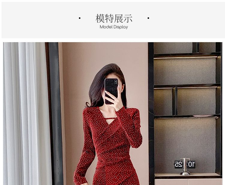 Long Sleeve V-Neck Velvet Rhinestone Panel Fitted Wrap Gown