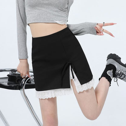 High Rise Two Tone Bow Slit Mini Pencil Skirt