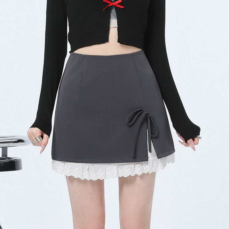 High Rise Two Tone Bow Slit Mini Pencil Skirt