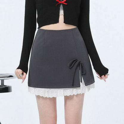 High Rise Two Tone Bow Slit Mini Pencil Skirt