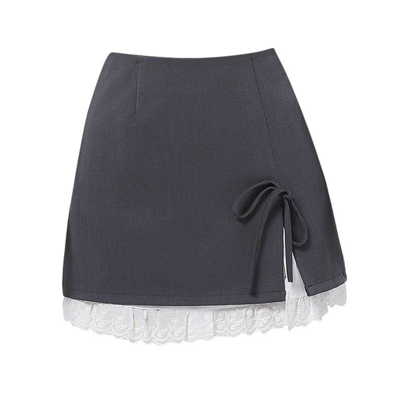 High Rise Two Tone Bow Slit Mini Pencil Skirt