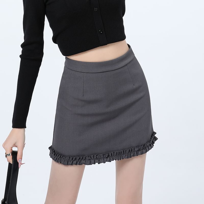 High Waist Plain Ruffle Trim Mini Pencil Skirt