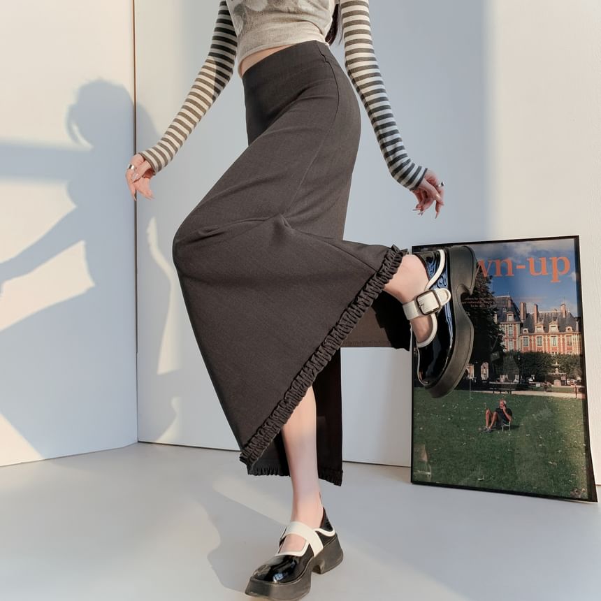High Waist Plain Ruffle Trim Slit Midi A-Line Skirt