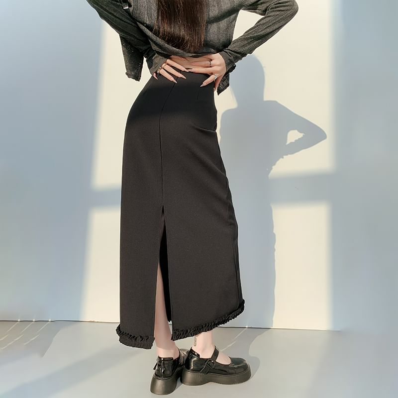 High Waist Plain Ruffle Trim Slit Midi A-Line Skirt