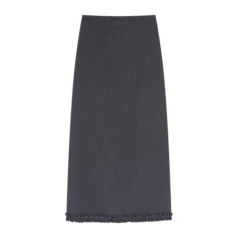 High Waist Plain Ruffle Trim Slit Midi A-Line Skirt