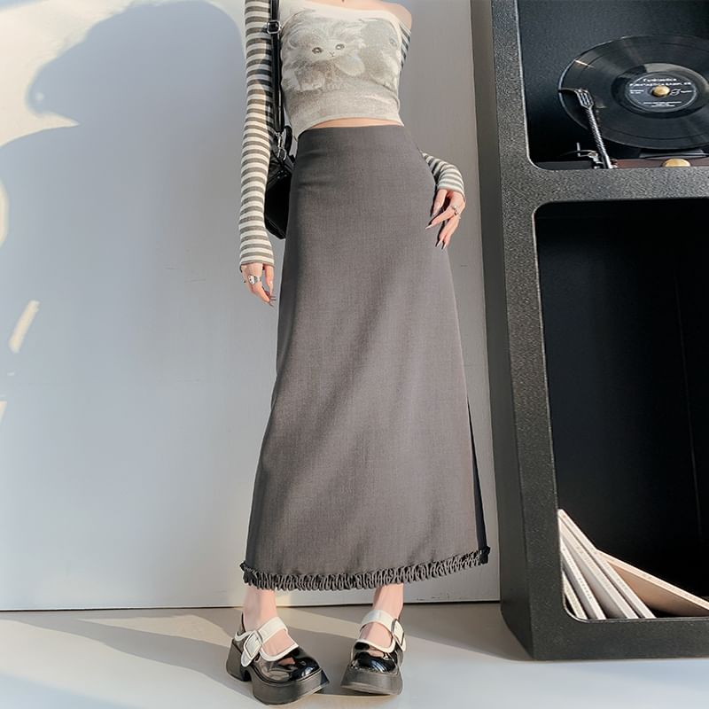 High Waist Plain Ruffle Trim Slit Midi A-Line Skirt