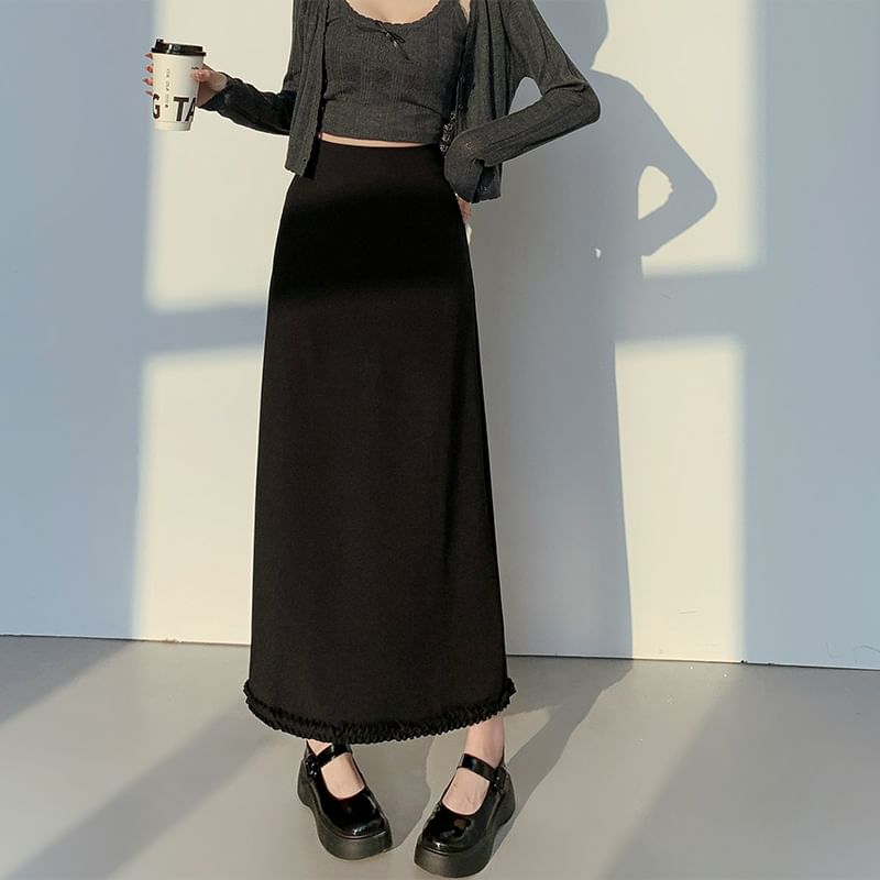 High Waist Plain Ruffle Trim Slit Midi A-Line Skirt