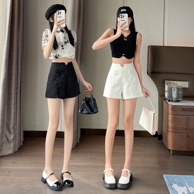 High Waist Plain Frog Button Shorts