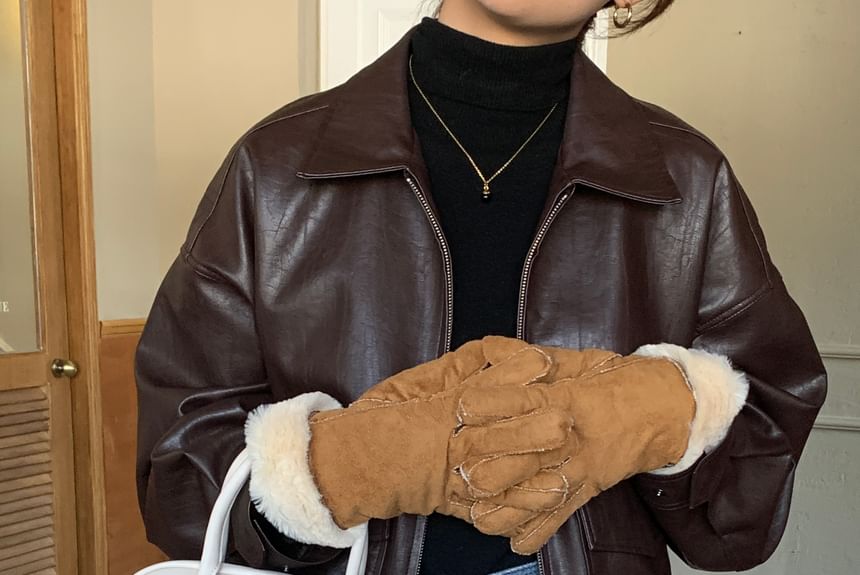 Plain Fluffy Trim Faux Suede Gloves