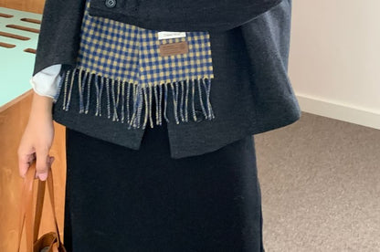 Plaid Applique Fringed Trim Scarf