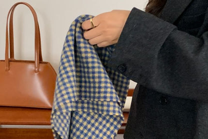 Plaid Applique Fringed Trim Scarf