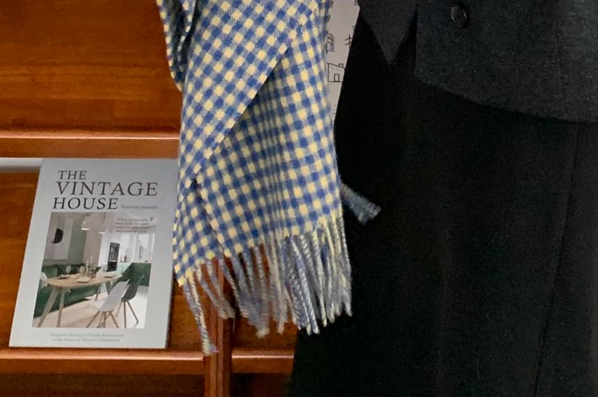 Plaid Applique Fringed Trim Scarf