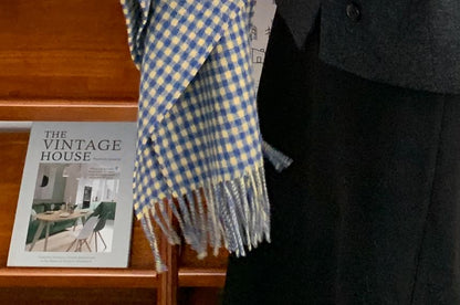 Plaid Applique Fringed Trim Scarf