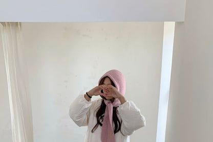 Plain Applique Lace-Up Ribbed Knit Balaclava