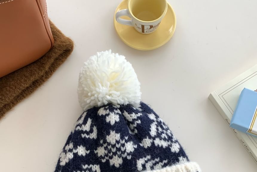 Patterned Pom Pom Beanie