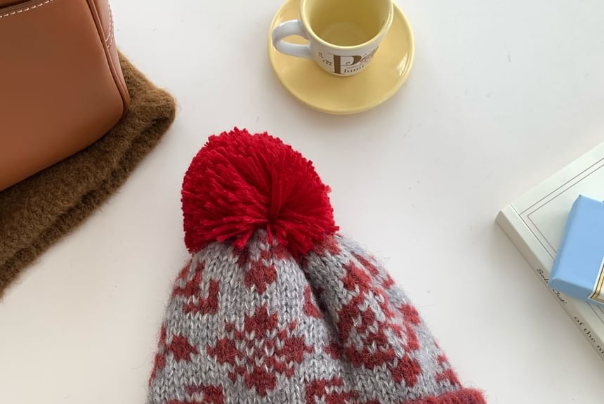 Patterned Pom Pom Beanie