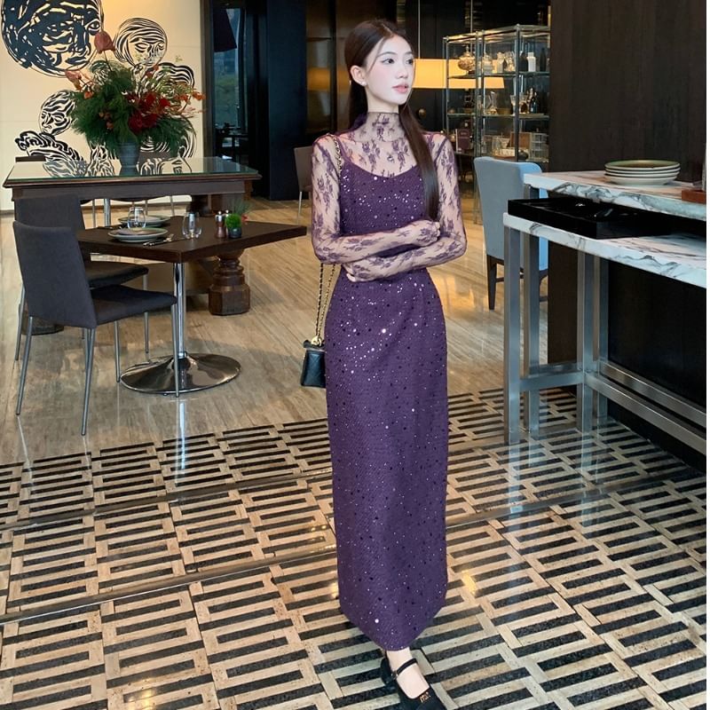 Mock Neck Lace Top with Spaghetti Strap Sequin Slit A-Line Dress