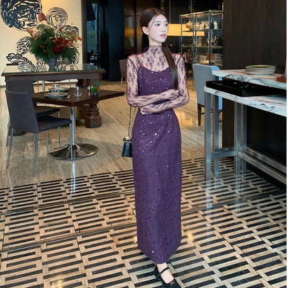 Mock Neck Lace Top with Spaghetti Strap Sequin Slit A-Line Dress