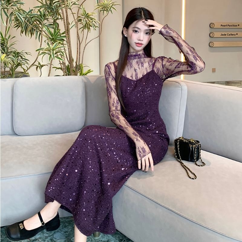 Mock Neck Lace Top with Spaghetti Strap Sequin Slit A-Line Dress