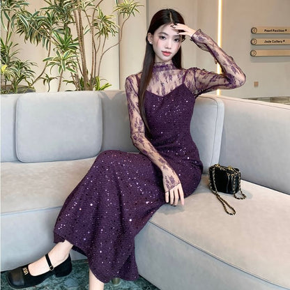 Mock Neck Lace Top with Spaghetti Strap Sequin Slit A-Line Dress