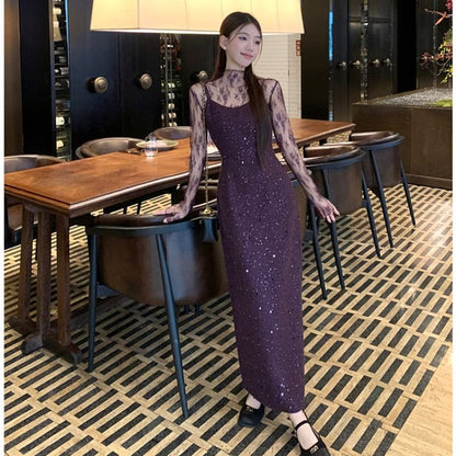 Mock Neck Lace Top with Spaghetti Strap Sequin Slit A-Line Dress