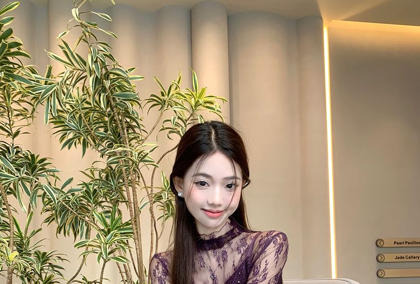 Mock Neck Lace Top with Spaghetti Strap Sequin Slit A-Line Dress
