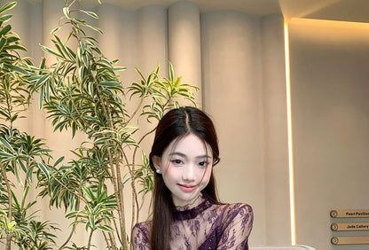 Mock Neck Lace Top with Spaghetti Strap Sequin Slit A-Line Dress