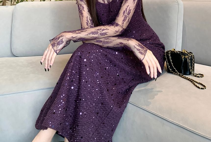 Mock Neck Lace Top with Spaghetti Strap Sequin Slit A-Line Dress