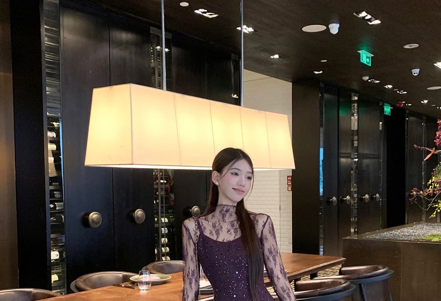 Mock Neck Lace Top with Spaghetti Strap Sequin Slit A-Line Dress