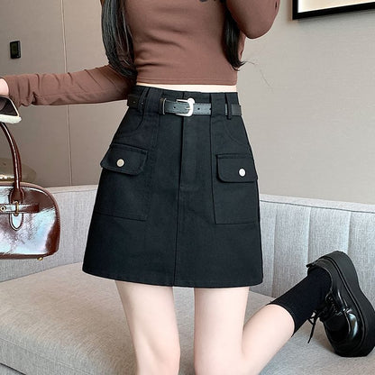 High Rise Plain Mini A-Line Cargo Skirt
